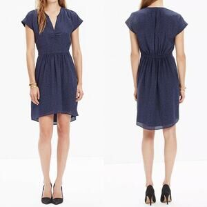 Madewell 100% Silk Fable A Line Dress Leaf Print Navy Blue Short Slv Sz 0 Ruched